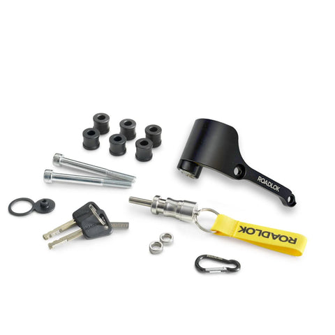 ROADLOK XRA-80R integrated disc lock in black with mounting hardware, keys, BrakeBolt pin and lanyard